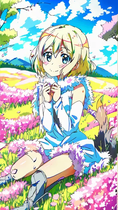 color trace,masterpiece, best quality, 1girl, sitting, ahoge, blonde hair, blue eyes, fur collar, fur trim, grass, short hair, smile, solo, trembling, full body, sky, mountain, forest, (flower field:1.5), (falling petals:1.3),