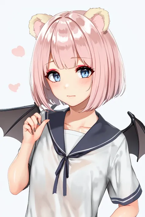 sakistyle, 1girl, (hands on hip), solo, pink hair, animal ears, blue eyes, wings, looking at viewer, bangs, short hair, bow, sailor collar, simple background, white sailor collar, hair bow, pink bow, closed mouth, shirt, white shirt, bear ears, bob cut, mini wings, grey background, portrait, detached wings, makeup, upper body, white background