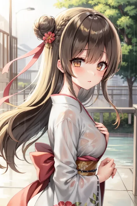 sakistyle, 1girl, solo, japanese clothes, mole under eye, rain, kimono, mole, wet clothes, wet, flower, outdoors, hair flower, hair ornament, looking at viewer, sash, obi, floral print, sidelocks, bangs, see-through, blurry background, upper body, blurry, closed mouth, breasts, hair bun, brown eyes, from side, single hair bun, white kimono, looking to the side, braid, long hair, blush, red flower, long sleeves, medium breasts, depth of field, hand up, wide sleeves, tree, day, wet hair