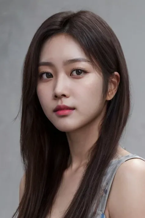 masterpiece, best quality, ultra-detailed, ultra high res, (photorealistic:1.4), raw photo, (realistic:0.2), 8k HDR, 1girl, solo, (looking at viewer), realistic lighting, asymmetrical hair, (detailed skin), (detailed face), ((simple gray background :1.1)), (upper body:1.2), simple dress, sleeveless,