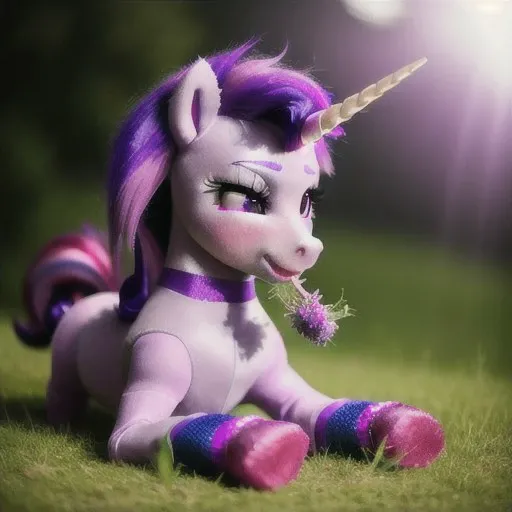 beautiful purple fur skin my little pony princess unicorn fursuit chewing a clover, dark_purple hair hair pink stripe highlight, cute purple mlp eyes, in rainbow socks, naked, mlp body, mlp head, twilight_sparkle, high detail photography, detailed textures