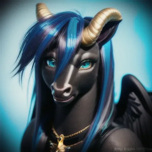 beautiful dark fur skin my little pony pegasus fursuit named Dezi, goat horns fading to black, light_blue hair that fades to dark_blue tips, sleek light_green mlp eyes, bicorn, wings, gold loop earling, high detail photography, detailed textures, mlp body, mlp head