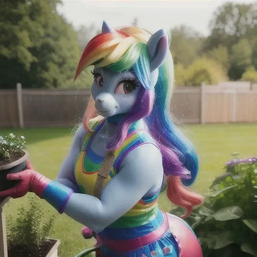 beautiful sexy rainbow my little pony anthro furry cosplay beautiful woman working in garden in gardening outfit, blue furskin, full rainbow hair, cute mlp red eyes, busty, rainbow dash, sharp detailed anthro pony photography, gopro action shot, 8k amateur photography, high quality photo, adorable mlp eyes, mlp head, human-like body, anthro fursuit
