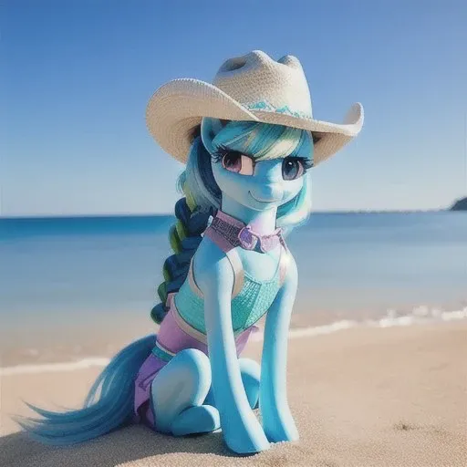 beautiful my little pony princess fursuit with braided light blue hair, cute green mlp eyes, cowboy hat, bandana around neck, sitting by the beach, high detail photography, detailed textures, mlp body, mlp head