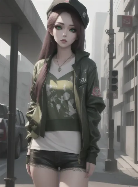(masterpiece, best quality), 8k, ultra realistic, aesthetic, 1girl, badass, gangster, (ulzzang-6500:1.0), (trending on artstation), outside, green eyes