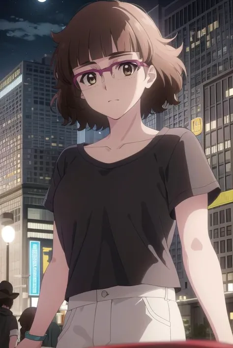 recreatorsmarine, <lora:recreators marine s1-lora-nochekaiser:1>,
marine, short hair, brown hair, (brown eyes:1.3), glasses, mole, mole under eye, bangs, blunt bangs,
BREAK skirt, shirt, white shirt, short sleeves, pink skirt, collarbone,
BREAK outdoor, city, night, sky, buildings, moon, clouds,
BREAK looking at viewer, (cowboy shot:1.5),
BREAK <lyco:GoodHands-beta2:1>, (masterpiece:1.2), best quality, high resolution, unity 8k wallpaper, (illustration:0.8), (beautiful detailed eyes:1.6), extremely detailed face, perfect lighting, extremely detailed CG, (perfect hands, perfect anatomy),