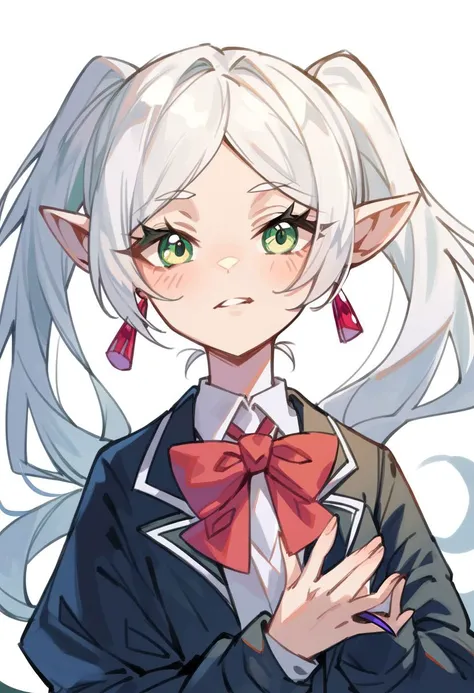 <lora:xl_Frieden(pony):1>,Frieden is a girl with white ponytails long hair green eyes and sharp ears,school uniform,, score_9,_up score_8_up,