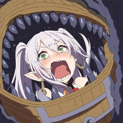 anime artwork a solo crying Frieden with white ponytails long hair green eyes and sharp ears, is fleeing through from a large opened Mimic's mouth with sharp teeth which look like a treasure chest, tears, blush, indoor, dungeon <lora:xl_crying_aqua_(meme):1> <lora:xl_Frieden2:1> . anime style, key visual, vibrant, studio anime, highly detailed