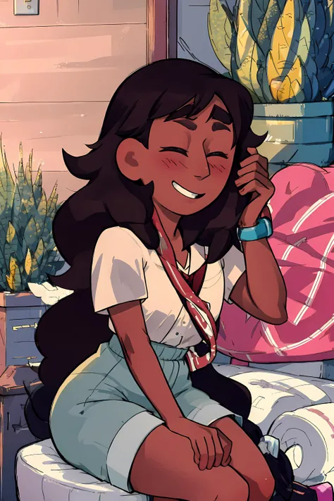 (((picture perfect))), (absurdres), <lora:Connie:1> connie, smile, sitting, dark skin,