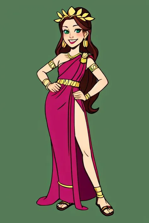 European and American cartoons, original character design, hand-drawn drafts, 1girl, solo, brown_hair, jewelry, sandals, dress, long_hair, hands_on_hips, smile, earrings, greek_clothes, bracelet, hair_bun, laurel_crown, armlet, white_background, green_eyes, full_body, open_mouth, looking_at_viewer, simple_background, makeup, <lora:Animated characters:0.6>