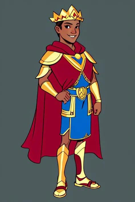 European and American cartoons, original character design, hand-drawn drafts, laurel_crown, greek_clothes, 1boy, male_focus, solo, red_cape, cape, sandals, holding_helmet, helmet, smile, white_background, helmet_removed, dark_skin, simple_background, dark-skinned_male, holding, full_body, armor, brown_hair, short_hair, standing, <lora:Animated characters:0.6>