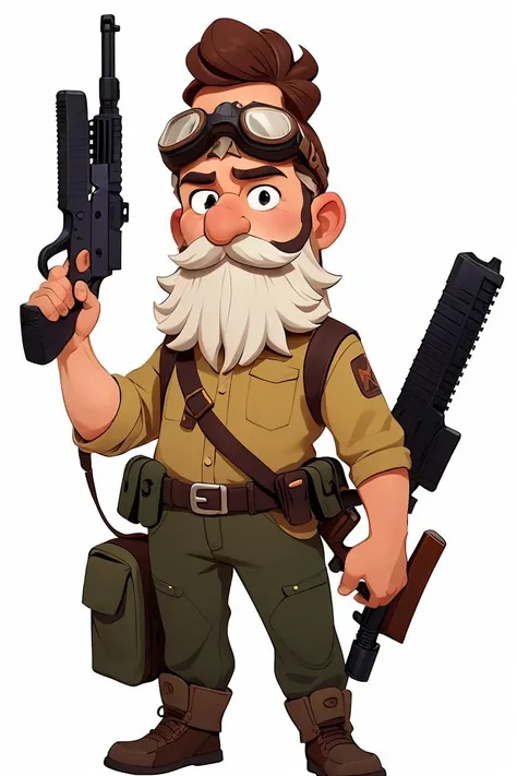 European and American cartoons,original character design,hand-drawn drafts,1man,male focus,facial hair,solo,goggles,weapon,goggles on head,mustache,beard,white background,full body,holding,standing,simple background,gun,holding weapon,artist name,<lora:Animated characters:0.6>,<lora:GoodHands-vanilla:1>,