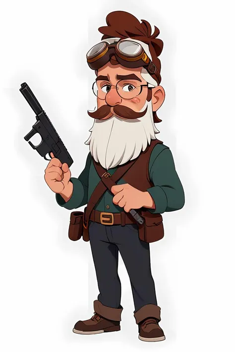 European and American cartoons,original character design,hand-drawn drafts,1man,male focus,facial hair,solo,goggles,weapon,goggles on head,mustache,beard,white background,full body,holding,standing,simple background,gun,holding weapon,artist name,<lora:Animated characters:0.6>,<lora:GoodHands-vanilla:1>,