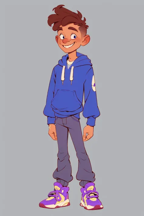 European and American cartoons, original character design, hand-drawn drafts, 1boy, solo, grey_pants, male_focus, hood, hoodie, smile, shoes, pants, simple_background, brown_hair, white_background, full_body, thumbs_up, sneakers, blue_hoodie, purple_footwear, standing, hood_down, short_hair, clenched_hand, long_sleeves, grin <lora:Animated characters:1>