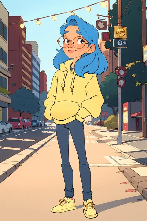 European and American cartoon, original character design, hand drawing, a girl, solo, hoodie hoodie, glasses, pants, long hair, shoes, smile, hands in pockets, full body, looking at the audience, round glasses, white shoes, standing, long sleeves, hood down, blue hair, jeans, yellow hoodie, drawstring, street view, street light
 <lora:Animated characters:1>