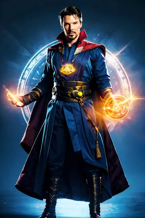 stephen_strange,necklace,jewelry,cape, looking at viewer, serious, full body shot,
standing, arms up, magic spell, glowing aura, dark background,
hdr, extremely detailed, <lora:Dr_strange:.8>