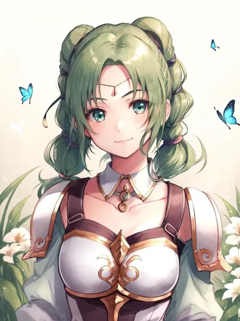 <lora:Larachel_FE-10:0.7>, larachel fe, 1girl, solo, smile, twintails, collarbone, upper body, flower, armor, detached collar, bug, white flower, shoulder armor, butterfly, circlet, breastplate