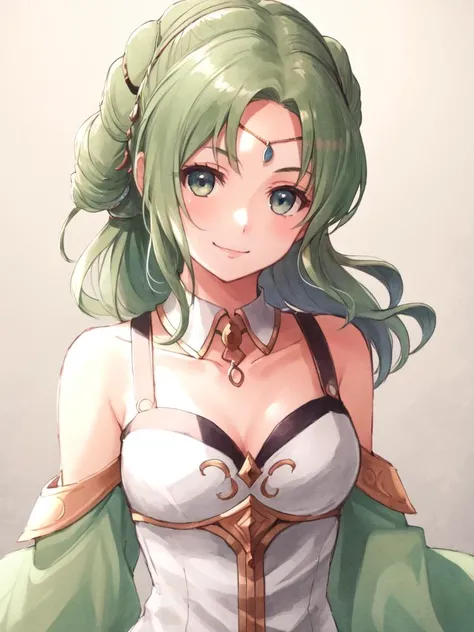 <lora:Larachel_FE-10:0.7>, larachel fe, 1girl, solo, long hair, breasts, looking at viewer, smile, cleavage, bare shoulders, medium breasts, upper body, detached sleeves, detached collar, circlet