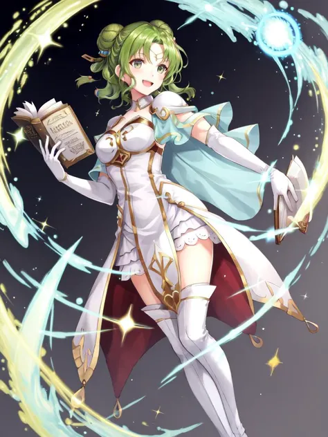 <lora:Larachel_FE-10:0.7>, larachel fe, 1girl, solo, breasts, looking at viewer, smile, short hair, open mouth, thighhighs, gloves, dress, holding, boots, elbow gloves, white gloves, hair bun, cape, book, sparkle, capelet, thigh boots, white footwear, holding book, open book, magic, magic circle