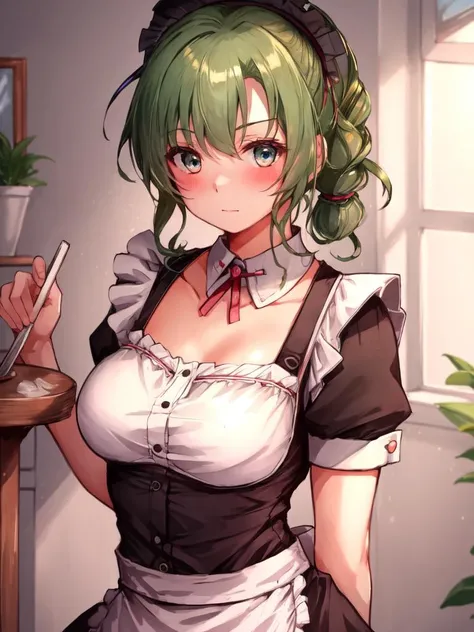 <lora:Larachel_FE-10:0.8>, larachel fe, 1girl, solo, breasts, looking at viewer, blush, large breasts, (maid:1.5), indoors