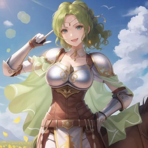 masterpiece, best quality, larachel fe, elbow gloves, white gloves, cape, armor, circlet, breastplate, hand to hip, smug expression, smile, open mouth, pointing, blue sky, field, horse