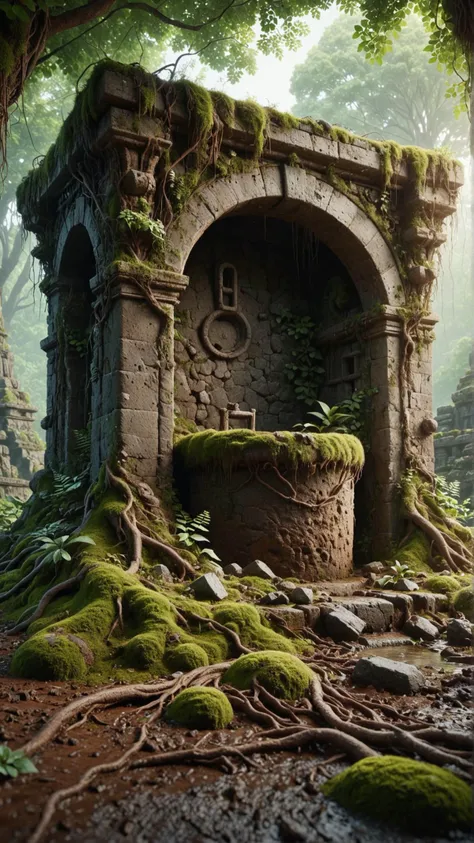 <lora:ElementEarthSDXL:1>ElementEarth Realistic 3D render of an overgrown, ancient stone well nestled among the ruins of a forgotten civilization, surrounded by lush vegetation, Moody, Shadows, Green and brown hues, Low angle shot, Overcast sky, Foliage details, Moss covered, Vines, Tall trees