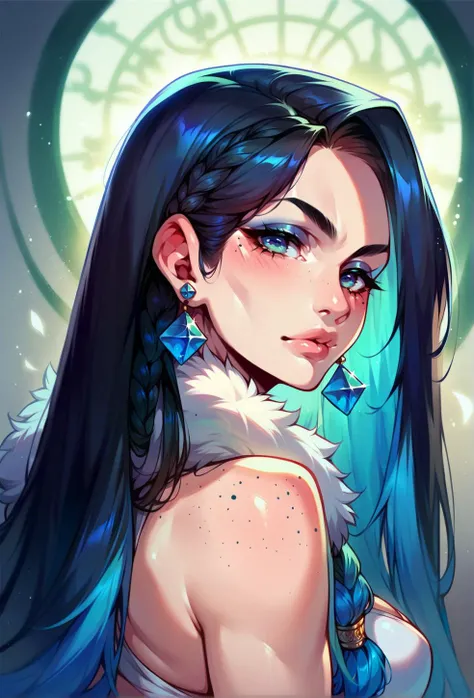 score_9,score_8_up,score_7_up,score_6_up,score_5_up,score_4_up 1girl,solo,long hair,looking at viewer,bangs,blue eyes,black hair,bare shoulders,jewelry,closed mouth,blue hair,braid,multicolored hair,earrings,artist name,two-tone hair,lips,gradient,fur trim,makeup,portrait,hair over shoulder,eyeshadow,freckles,fur collar,<lora:ReiqXL:0.9>,