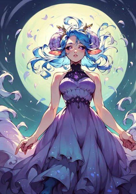 score_9,score_8_up,score_7_up,score_6_up,score_5_up,score_4_up rating_safe, from below, floating, lavender eyes, blue hair, satyr, midi dress, single hair bun, black sclera, <lora:ReiqXL:0.8>,