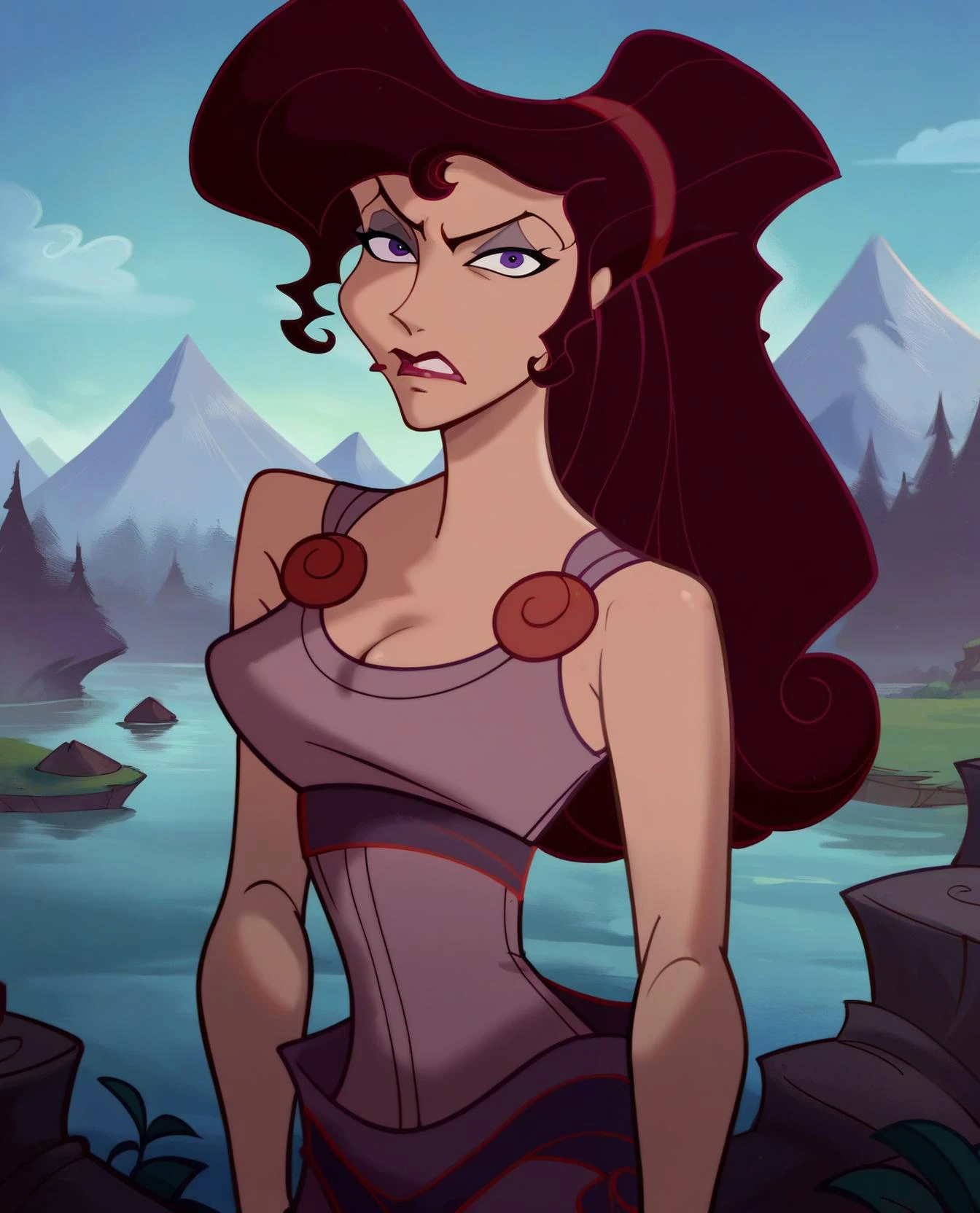 score_9, score_8_up, score_7_up, score_6_up, source_cartoon,
woman, m_ra, brown hair, purple eyes, pink dress, looking at viewer, serious, standing, outside, lake, mountain, trees, night time,
<lora:MegaraCivitai:.8> <lora:Concept Art Twilight Style SDXL_LoRA_Pony Diffusion V6 XL:.8>