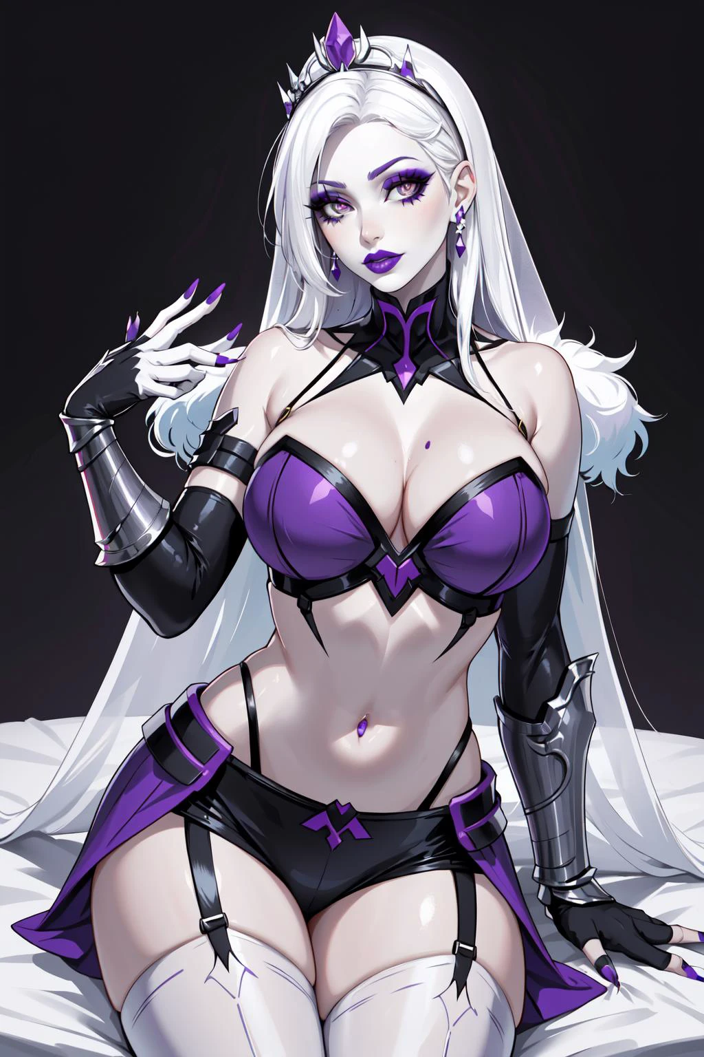 1girl, solo, long hair, breasts, large breasts, thighhighs, navel, cleavage, white hair, elbow gloves, nail polish, lips, makeup, colored skin, tiara, lipstick, pale skin, bridal gauntlets, purple nails, fur