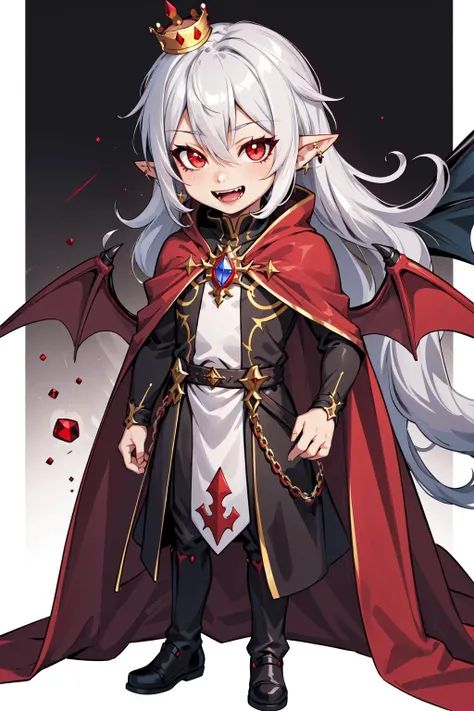 fangs, pointy ears, 1boy, red eyes, chibi, jewelry, cape, ahoge, smile, dress, wings, brooch, very long hair, slit pupils, full body, solo, bangs, male focus, hair between eyes, crown, 1girl, vampire, open mouth, white hair, looking at viewer, gem, long hair