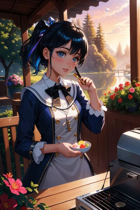 1girl, colorful Pastels artwork, concept art, fairy tale, selfie of a Black and Navy Blue ([Cornish Rex Cat:Electric grill:5]:1.3) wearing a Pocket Square, the Electric grill is very Fruit-Flavored and Acclaimed, clean, soap bubbles, iridescent background is Chic water, lush garden with Pine tree, at Sunrise, deep focus, Classical, Cozy, Psychedelic Art, key light, Depth of field 100mm, Sepia filter, Light streaks, Diorama, trending on CGSociety, extremely hyper aesthetic