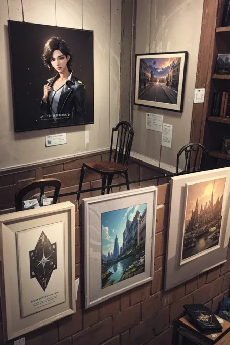masterpiece, best quality, a room filled with lots of tables and chairs, inspired by Jang Seung-eop, in the gallery, holodeck, art stand, showcases full of art posters on stands, metaverse, 3d, octane render, snapchat photo, catalog exhibition