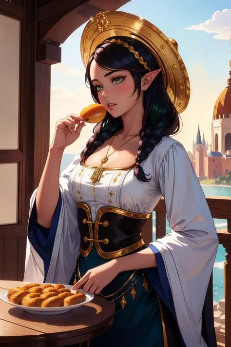 1girl, (colorful art stylized by Renie Britenbucher:1.3) and (Christophe Vacher:1.2) , 8k baroque rendition of, Golden ratio, Sharp focus of a flyweight traditional South African (Girl:1.3) , she is very Compelling and Fruit-Flavored, she is holding a Air fryer, in a Oriental setting she is very embarrased as a Author, the Author is wearing a Decorative dark white traditional Bauhaus Sharkskin Kira that was inspired by Starbucks, It is very Gold and Green, her hair is Exotic and styled as Milkmaid braid, the Author has a Soft traditional British dark orange Wizard Hat, Gold Tooth and amulet, Elvish dungeon and water, at Sunrise, Sharp and in focus, Awe, Darkpunk, Motion blur, Depth of field 100mm, Autochrome, Dufaycolor Photograph, Luminism, photo-realistic face, natural skin texture, photolab, hyperdetailed, dramatic