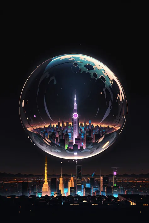 no_humans, black_background, building, scenery, bubble, city, cityscape, planet