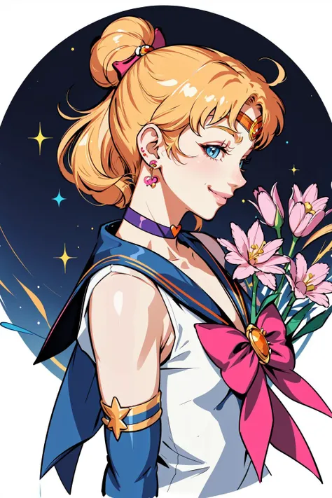 1girl, solo, long hair, smile, blue eyes, blonde hair, shirt, gloves, bow, jewelry, closed mouth, white shirt, upper body, flower, hair bow, earrings, choker, elbow gloves, sailor collar, character name, red bow, from side, profile, blue bow, magical girl, pink flower, circlet, card (medium), sailor senshi uniform, orange choker, orange sailor collar, art nouveau