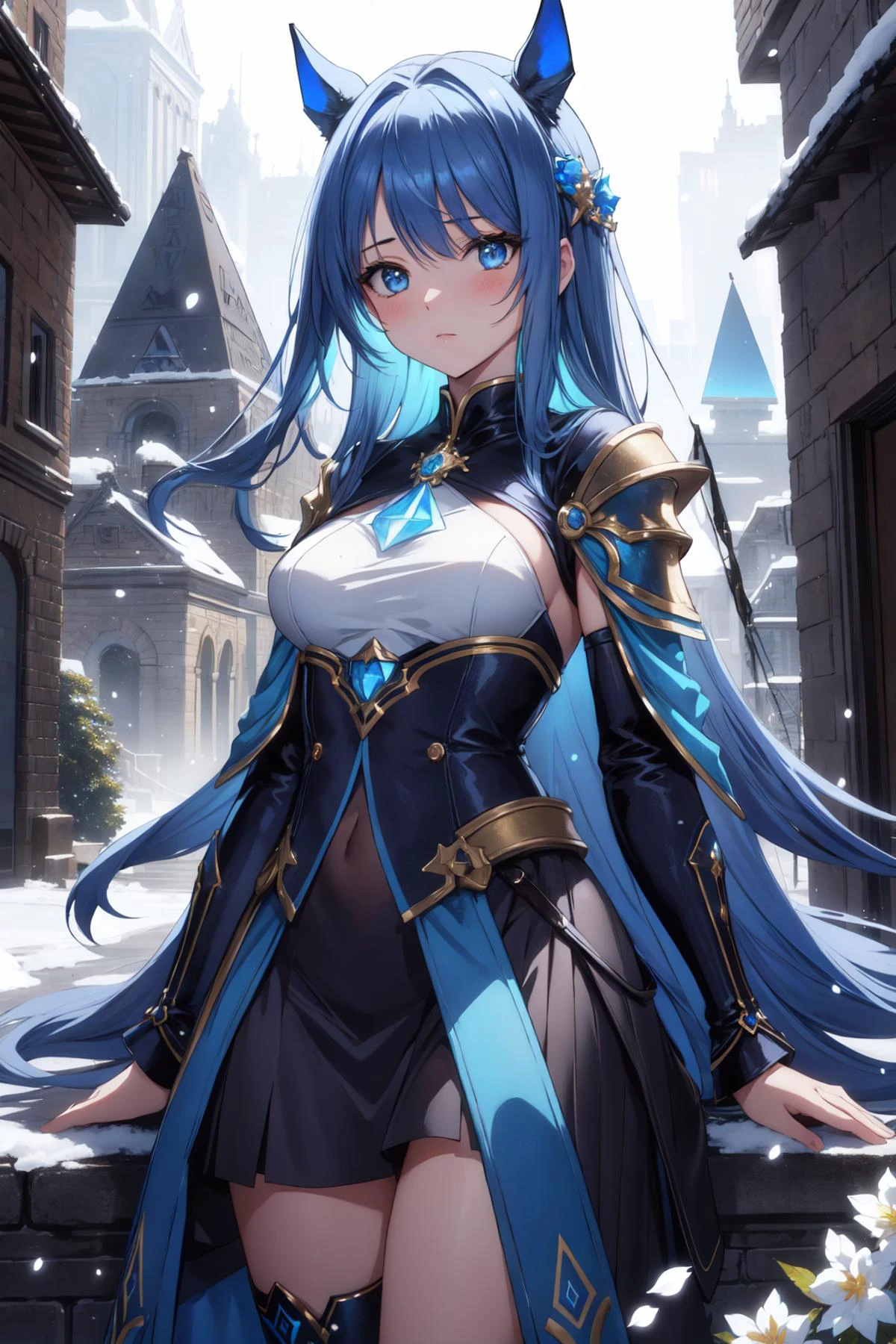 1girl, fantasy Painting, (deep blue theme:0.7) , full shot of a Moody Level ([Horse|Pyramid] of Light:1.3) , Blue city street in background, dense blossoms with Algae, Snowing, split diopter, Contemporary, Flustered, Yuccie Art, Ethereal Lighting, 50mm, Indigo and Cream hue, Rule of Thirds, vibrant, 4K, unreal engine, painterly, otherworldly