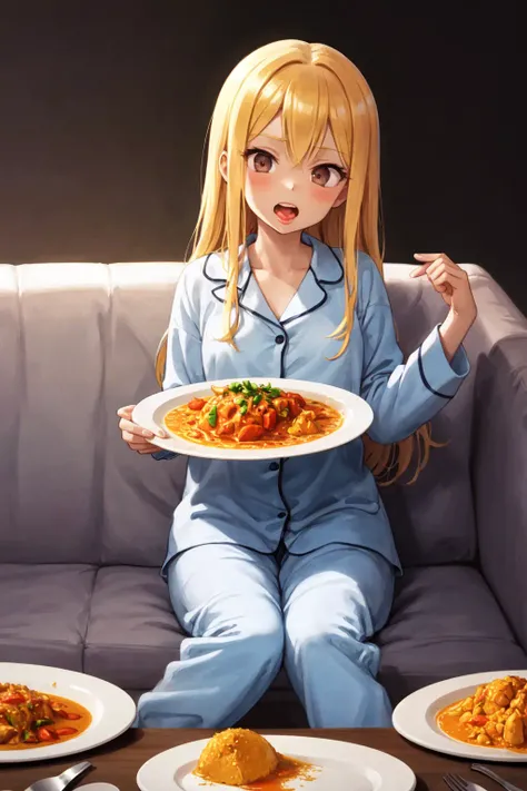 (masterpiece, best illustration, extreme light and shadow), 1girl, solo, wearing pyjamas, crazy expression, sitting on the couch, (eating a plate of curry), poop meme, (best illustration, perfect anatomy)