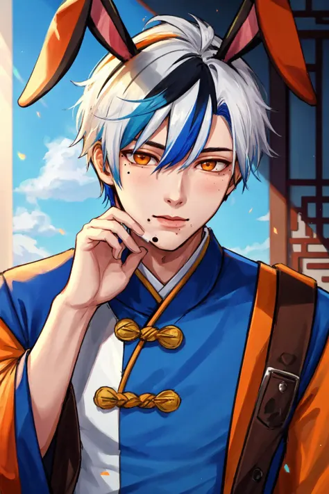 masterpiece, best quality, 1boy, male focus, solo, blue hair, multicolored hair, rabbit ears, two-tone hair, mole, white hair, chinese clothes, upper body, brown eyes, orange eyes, mole under mouth, hand on own chin, looking at viewer