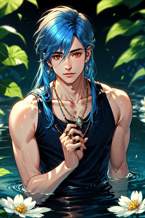 long hair, looking at viewer, 1boy, brown eyes, jewelry, blue hair, collarbone, flower, male focus, earrings, solo focus, water, ring,