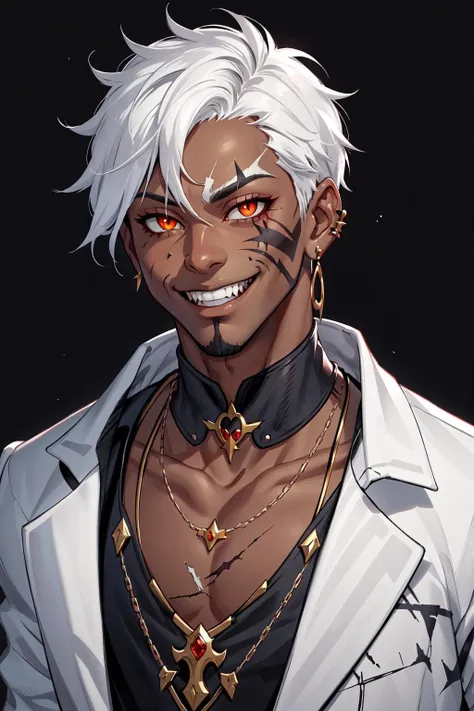 1boy,  cat boy,  dark skin,  dark-skinned male,  earrings,  facial mark,  fangs,  grin,  jewelry,  looking at viewer,  male focus,  portrait,  scar,  scar on face,  short hair,  slit pupils,  smile,  solo,  upper body,  white hair