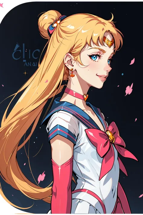 1girl,  solo,  long hair,  smile,  blue eyes,  blonde hair,  shirt,  gloves,  bow,  jewelry,  closed mouth,  white shirt,  upper body,  flower,  hair bow,  earrings,  choker,  elbow gloves,  sailor collar,  character name,  red bow,  from side,  profile,  blue bow,  magical girl,  pink flower,  circlet,  card (medium),  sailor senshi uniform,  orange choker,  orange sailor collar,  art nouveau