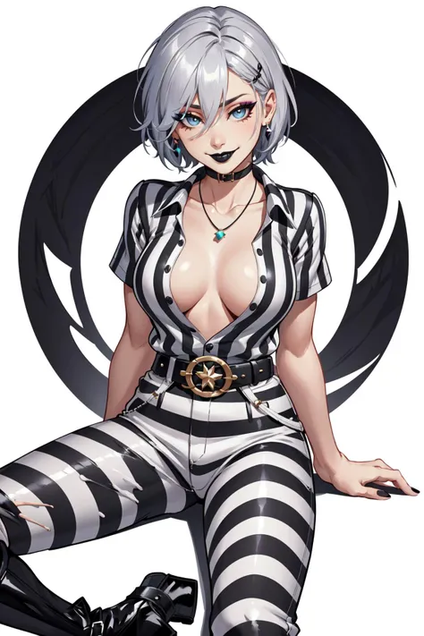 looking at viewer, smile, short hair, shirt, black hair, hair between eyes, jewelry, medium breasts, sitting, collarbone, white shirt, grey hair, boots, parted lips, striped, belt, pants, artist name, spread legs, necklace, black footwear, no bra, makeup, bandages, lipstick, breasts apart, belt buckle, bandaged arm, split-color hair, striped pants, black lips