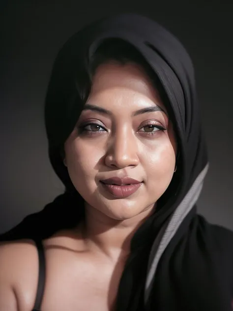 portrait photo a Bangladeshi mature chubby woman in a black scarf,  double chin, cleavage, <lora:Lora_Srabonti2023:1>Srabonti Bangladeshi Woman,  short hair, light smile,  looking at viewer, (solid dark grey background:1.3), eye level shoot,  film grain, style by Flora Borsi