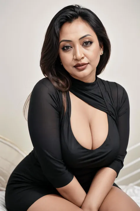 Raw Photo, Beautiful Mature Woman <lora:Lora_Srabonti2023-X4:1>Srabonti Bangladeshi Woman, wearing black shirt, cleavage, simple white background, DSLR, 8K UHD, Hasselblad 500CM, in style of Alberto Seveso