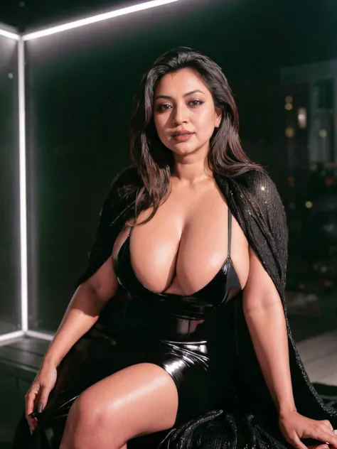 Raw Photo, close-up, a Mature Woman <lora:Lora_Srabonti2023-X4:1>Srabonti Bangladeshi Woman, 55  Years Old Female, (bags under eyes:1.1), wearing a latex, dark skin, latex gloves, , cleavage, black footwear, posing for  photoshoot, simple dark background, DSLR, 8K UHD, Hasselblad 500CM, in style of Hans Bellmer, [nsfwEM]