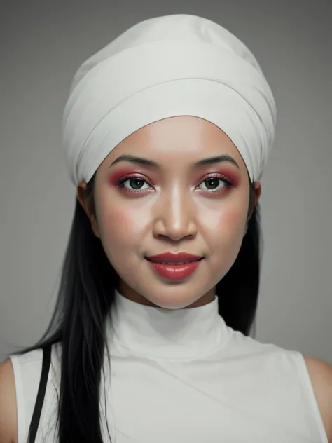 portrait photo a Bangladeshi woman in a sleeveless white shirt , <lora:Srabonti :1>srabonti4u woman, cleavage, long hair, black hair, light smile, looking at viewer, (solid grey background:1.3), eye level shoot, depth of field, film grain, style by Flora Borsi