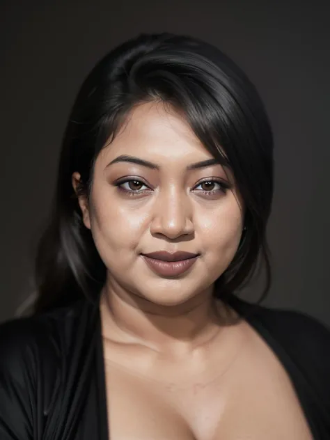 portrait photo a Bangladeshi mature chubby woman, open cloths, double chin, <lora:Lora_Srabonti2023:1>Srabonti Bangladeshi Woman, short hair, light smile, looking at viewer, (solid dark grey background:1.3), eye level shoot,  film grain, style by Flora Borsi
