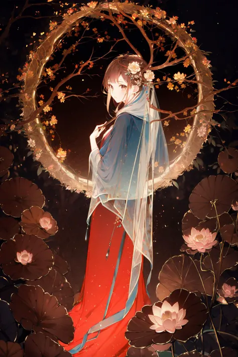 (masterpiece:1.2),best quality,PIXIV,first love,
1girl,flower,solo,hair ornament,shawl,hanfu,hair flower,looking at viewer,looking back,branch,chinese clothes,brown eyes,long hair,dress,holding,ribbon,brown hair,lotus,long sleeves,from behind,antlers,standing,umbrella,
<lora:coloured glaze-000018:0.8>,