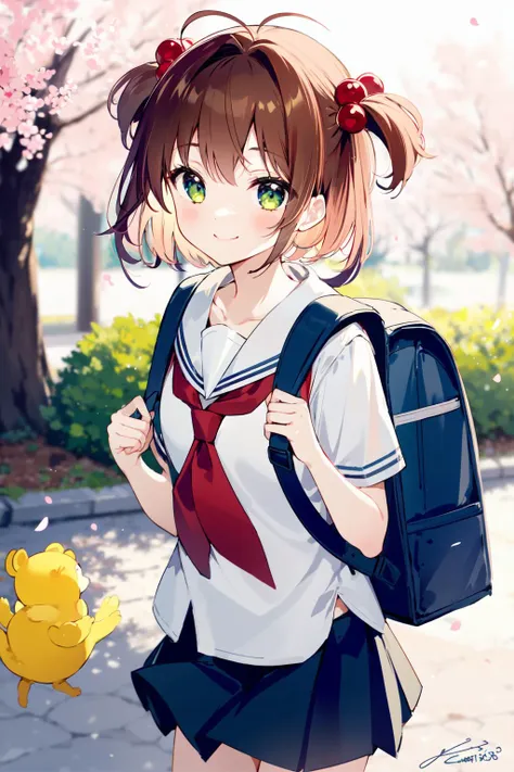 -first love, 1girl, kinomoto sakura, skirt, kero, green eyes, brown hair, school uniform, pleated skirt, smile, blurry, bag, short sleeves, hair ornament, hair bobbles, looking at viewer, petals, blurry background, short hair, serafuku, backpack, antenna hair, sailor collar, white shirt, bangs, closed mouth, neckerchief, outdoors, shirt, cowboy shot, two side up, tomoeda elementary school uniform, black skirt, depth of field, signature, holding strap, red neckerchief, necktie, blue skirt, standing, red necktie, collarbone, blush, artist name, creature